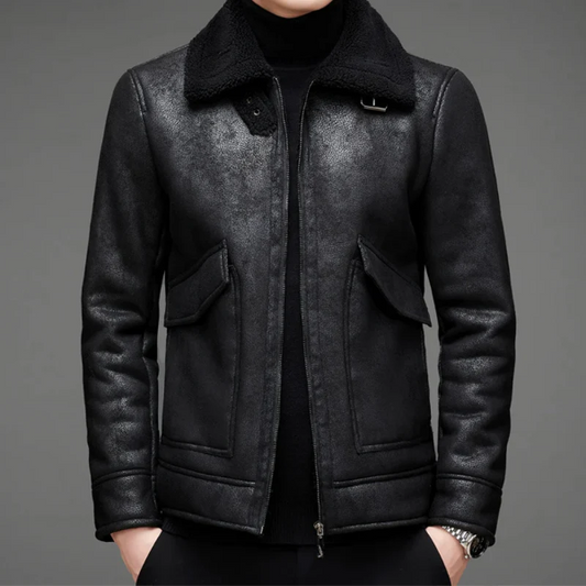 Blouson en cuir homme – Coupe régulière – Col sherpa – Fermeture zippée – Style vintage