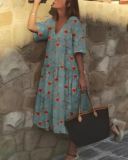 Robe Midi Femme – Coupe Évasée – Décolleté en V – Manches Coudes – Tissu Respirant – Imprimé Fleuri