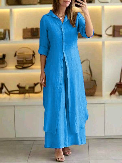 Ensemble Femme Deux Pièces – Haut Ample Boutonné – Pantalon Large – Coton Léger