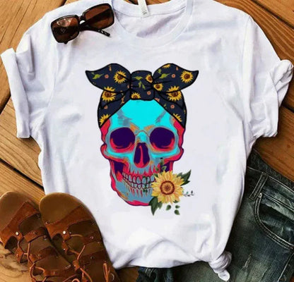 T-shirt femme – Coupe décontractée – Coton doux – Manches courtes – Imprimé tête de mort