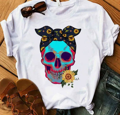 T-shirt femme – Coupe décontractée – Coton doux – Manches courtes – Imprimé tête de mort