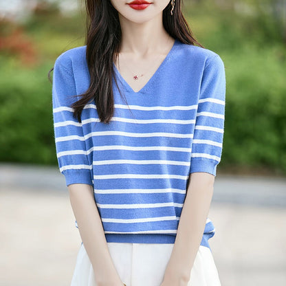 Pull femme – Coton tricoté – Coupe décontractée – Manches courtes – Col en V rayé