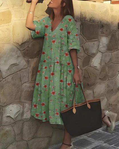 Robe Midi Femme – Coupe Évasée – Décolleté en V – Manches Coudes – Tissu Respirant – Imprimé Fleuri