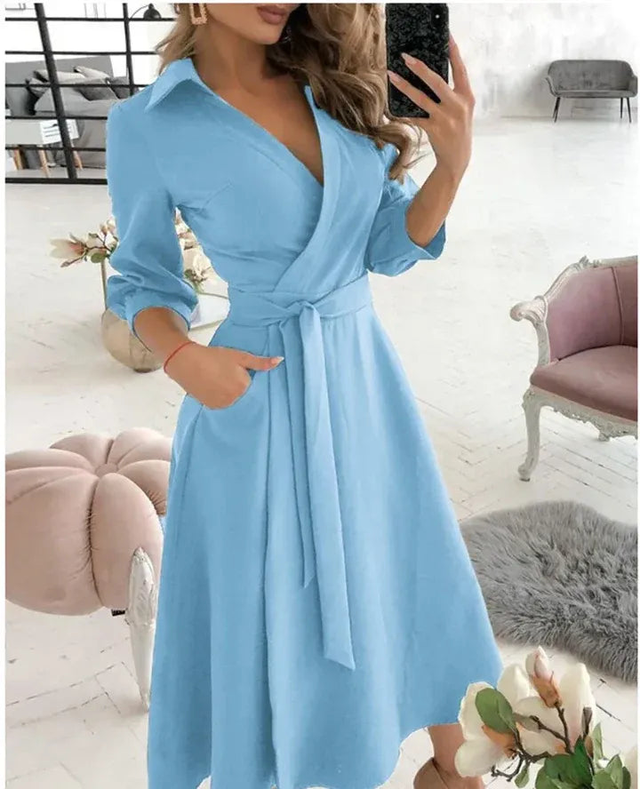 Robe portefeuille femme – Coupe ajustée – Tissu luxueux – Manches 3/4 – Col tailleur