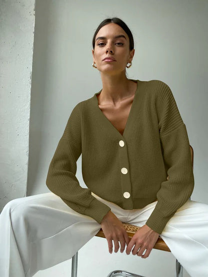 Gilet femme – Coupe décontractée – Maille côtelée – Col en V – Manches retroussées