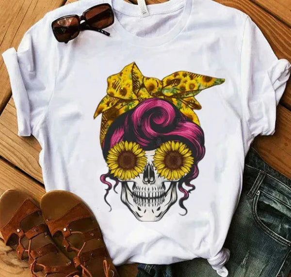 T-shirt femme – Coupe décontractée – Coton doux – Manches courtes – Imprimé tête de mort