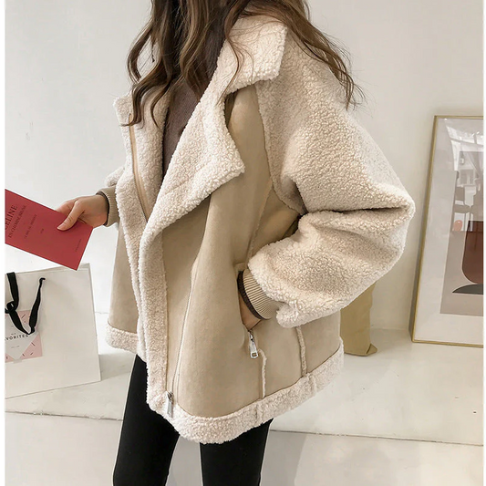 Manteau femme – coupe oversize – imitation shearling – col à revers – fermeture zippée