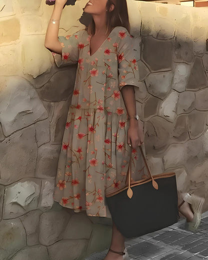 Robe Midi Femme – Coupe Évasée – Décolleté en V – Manches Coudes – Tissu Respirant – Imprimé Fleuri