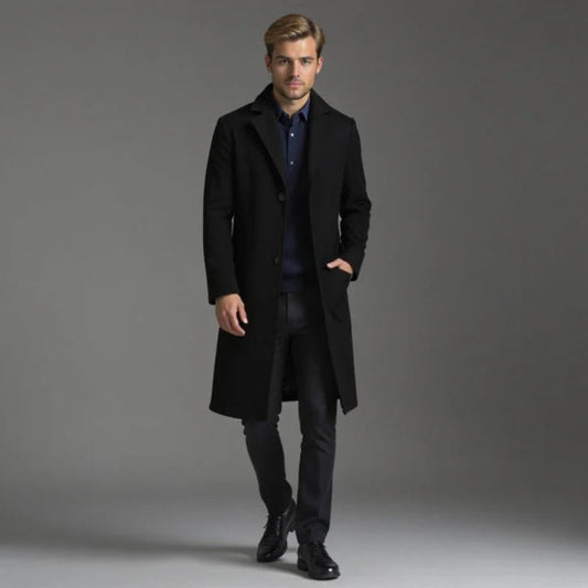 Manteau long homme – Coupe ajustée – Laine mélangée – Boutonnage simple élégant