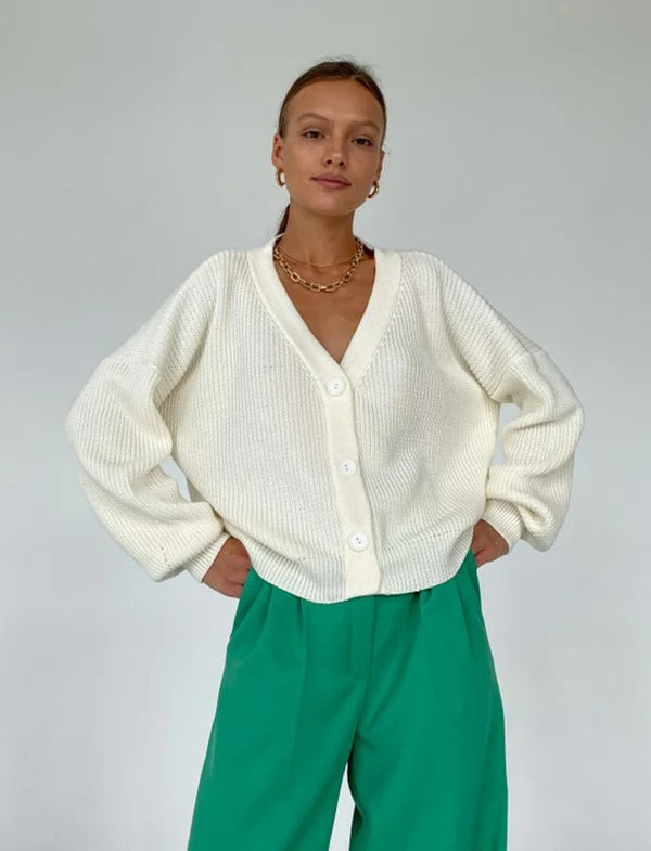 Gilet femme – Coupe décontractée – Maille côtelée – Col en V – Manches retroussées