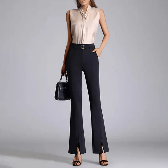 Femme Pantalon - Tissu Tissé Extensible - Taille Haute - Coupe Slim Évasée