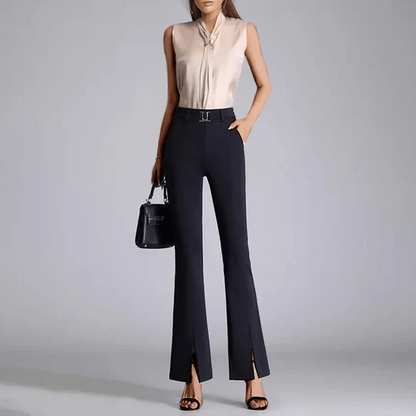 Femme Pantalon - Tissu Tissé Extensible - Taille Haute - Coupe Slim Évasée
