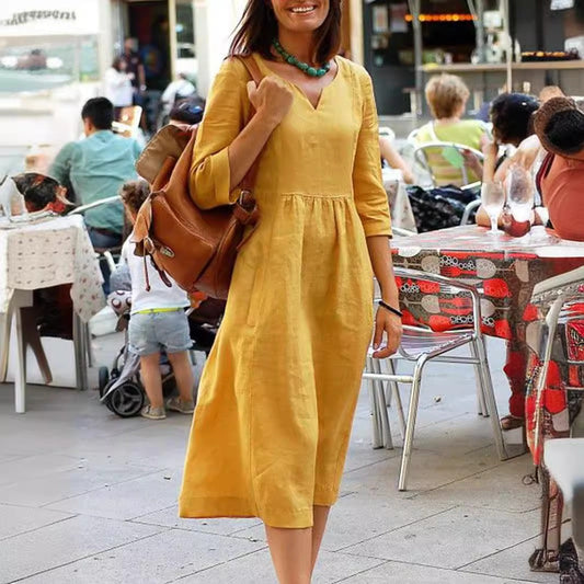 Robe midi femme – Coupe ample – Encolure en V – Manches mi-longues – Coton doux