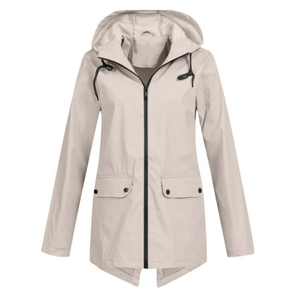 Veste imperméable femme – Coupe décontractée – Capuche ajustable – Zip frontal – Longueur mi-cuisse – Poches à rabat