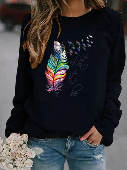 Pull femme – Coupe ample – Coton doux – Motif plume – Manches longues