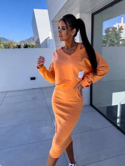 Robe Sweat Femme – Coupe Slim – Coton Doux – Col V – Longueur Midi – Ensemble Coordonné