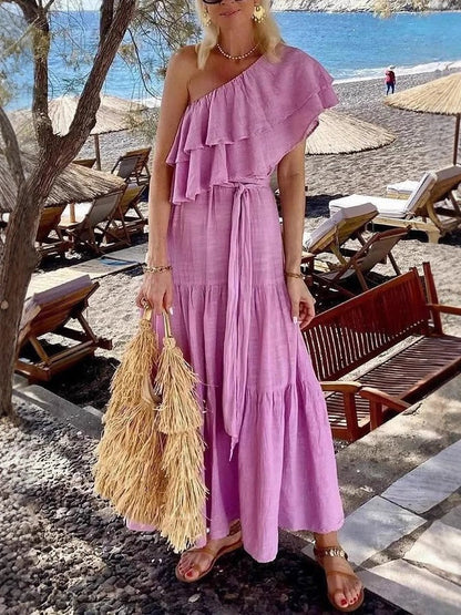 Robe longue femme – Épaule dénudée – Volants – Coupe ample – Coton fluide à étages