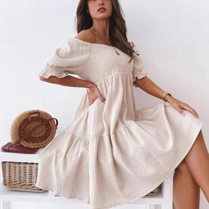 Robe femme épaules dénudées – Coupe décontractée – Volants – Longueur genou