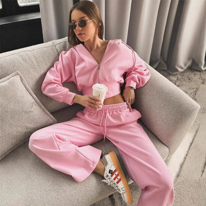 Ensemble loungewear femme – Sweat zippé à capuche – Pantalon ample – Coton doux