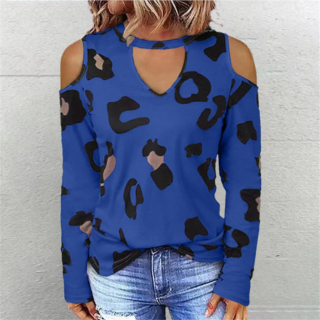 Chemise femme à manches longues – Coupe décontractée – Épaules dénudées – Imprimé léopard – Tissu respirant