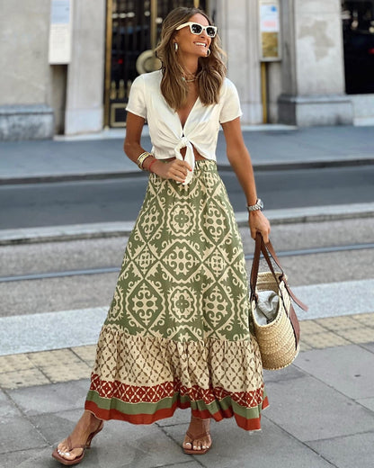 Jupe longue femme – Taille haute – Imprimé géométrique – Coupe fluide à volants