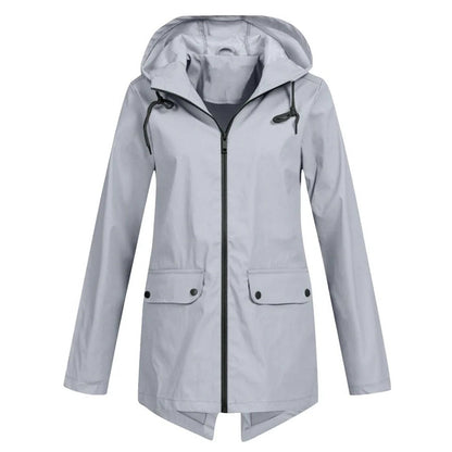 Veste imperméable femme – Coupe décontractée – Capuche ajustable – Zip frontal – Longueur mi-cuisse – Poches à rabat