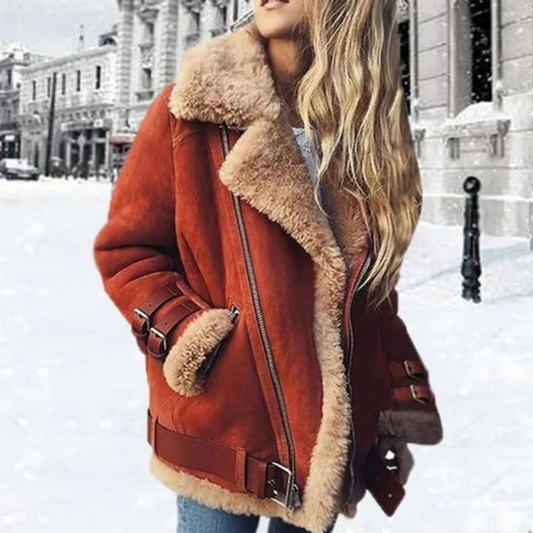 Veste femme – Coupe oversize – Effet suédine – Doublure sherpa – Zip asymétrique