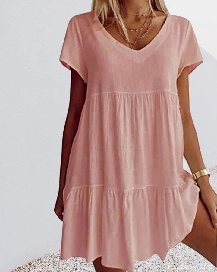 Robe trapèze femme – Tissu respirant – Coupe décontractée – Manches courtes – Col V