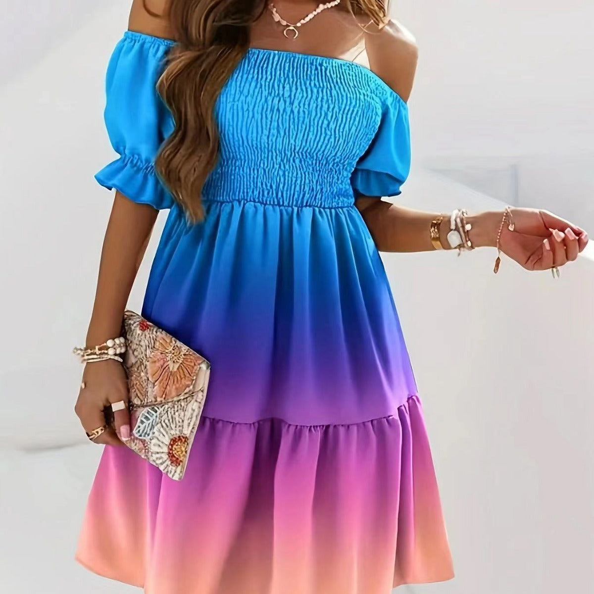 Robe midi femme – Une épaule – Coupe évasée – Taille plissée – Imprimé élégant