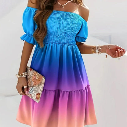Robe midi femme – Une épaule – Coupe évasée – Taille plissée – Imprimé élégant