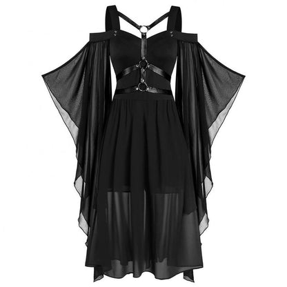 Robe midi femme – Coupe évasée – Voile léger – Manches trompette – Harnais gothique – Ourlet asymétrique