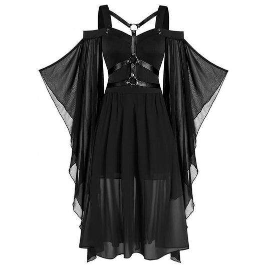 Robe midi femme – Coupe évasée – Voile léger – Manches trompette – Harnais gothique – Ourlet asymétrique