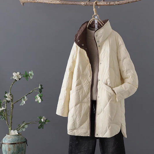 Veste longue femme – Duvet léger – Coupe ample – Col montant – Matelassage chaud