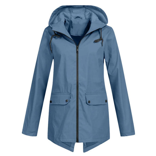 Veste imperméable femme – Coupe décontractée – Capuche ajustable – Zip frontal – Longueur mi-cuisse – Poches à rabat