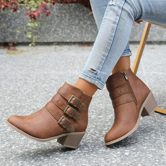 Bottines femme – Similicuir lisse – Talon bloc – Brides à boucles décoratives zipées