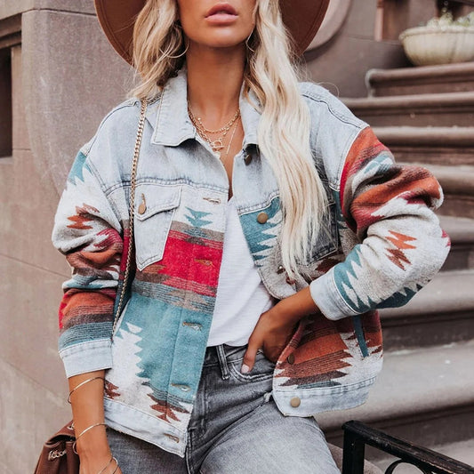 Veste en jean femme – Coupe ample – Détails tissés à motifs – Style décontracté