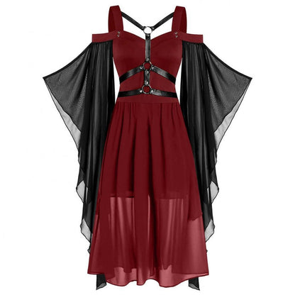 Robe midi femme – Coupe évasée – Voile léger – Manches trompette – Harnais gothique – Ourlet asymétrique