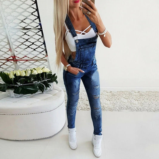 Salopette femme – Coupe slim – Jean délavé – Bretelles réglables – Style décontracté