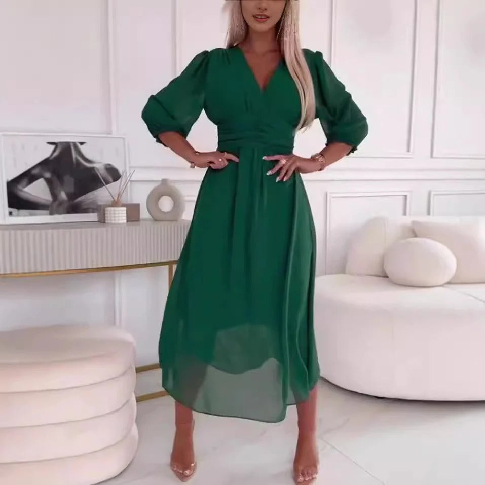 Robe longue femme – Col en V élégant – Manches longues – Tissu haut de gamme fluide