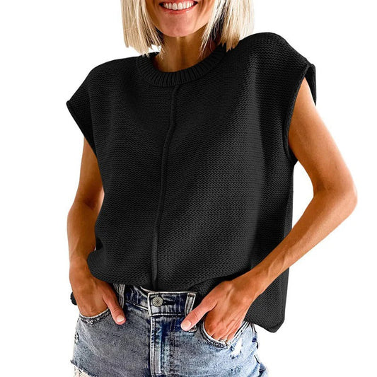 Top femme – Maille légère – Coupe décontractée – Sans manches – Col côtelé