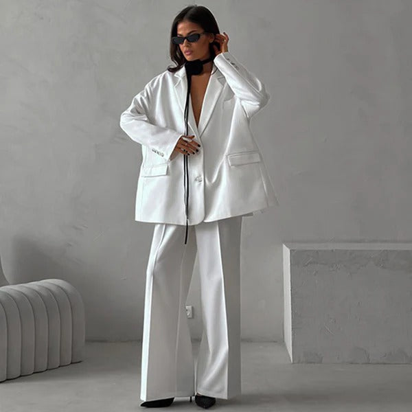 Ensemble Blazer Femme – Coupe Oversize – Pantalon Large – Style Tailleur Élégant