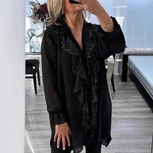 Blouse femme – Coupe ample – Tissu transparent – Manches longues – Volants brillants