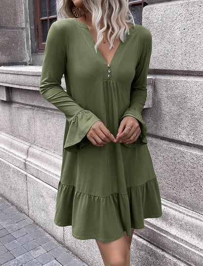 Robe femme – Coupe évasée – Manches longues évasées – Col V – Coton léger