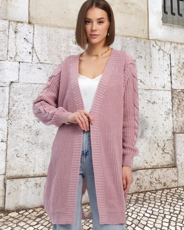 Manteau femme en maille – Laine épaisse – Coupe oversize – Manches torsadées – Long ouvert