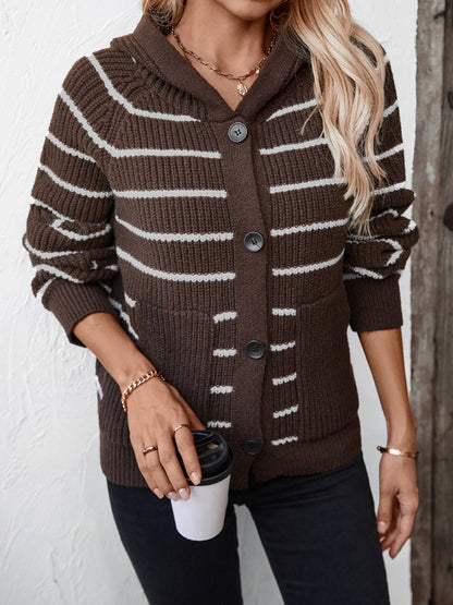 Cardigan à capuche femme – Maille côtelée – Coupe décontractée – Rayé – Boutonné