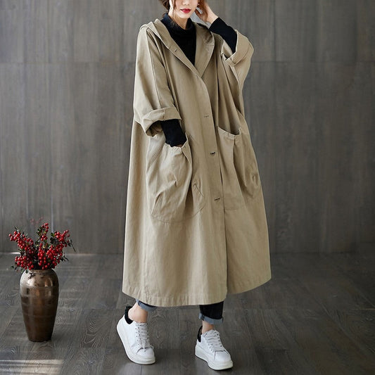 Manteau trench femme – Coupe oversize – Déperlant – Capuche – Longue à poches
