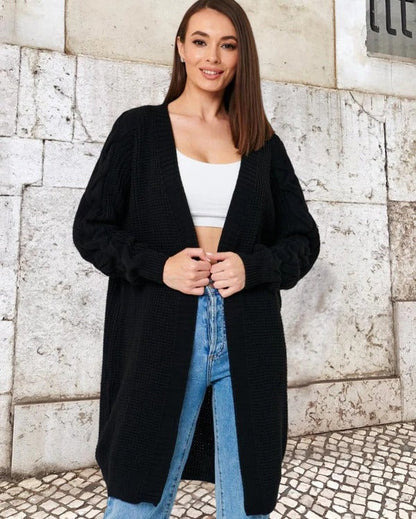 Manteau femme en maille – Laine épaisse – Coupe oversize – Manches torsadées – Long ouvert