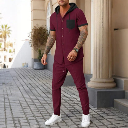 Ensemble de survêtement homme – Coupe décontractée – Coton doux – Haut à capuche boutonné