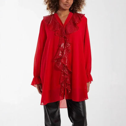 Blouse femme – Coupe ample – Tissu transparent – Manches longues – Volants brillants