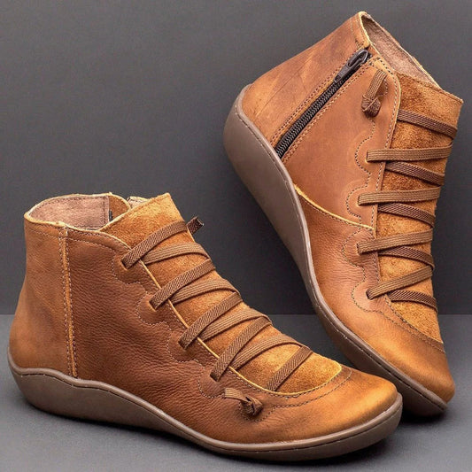 Bottines femme – Talon bas – Bout rond – Cuir souple – Lacets avec fermeture zip